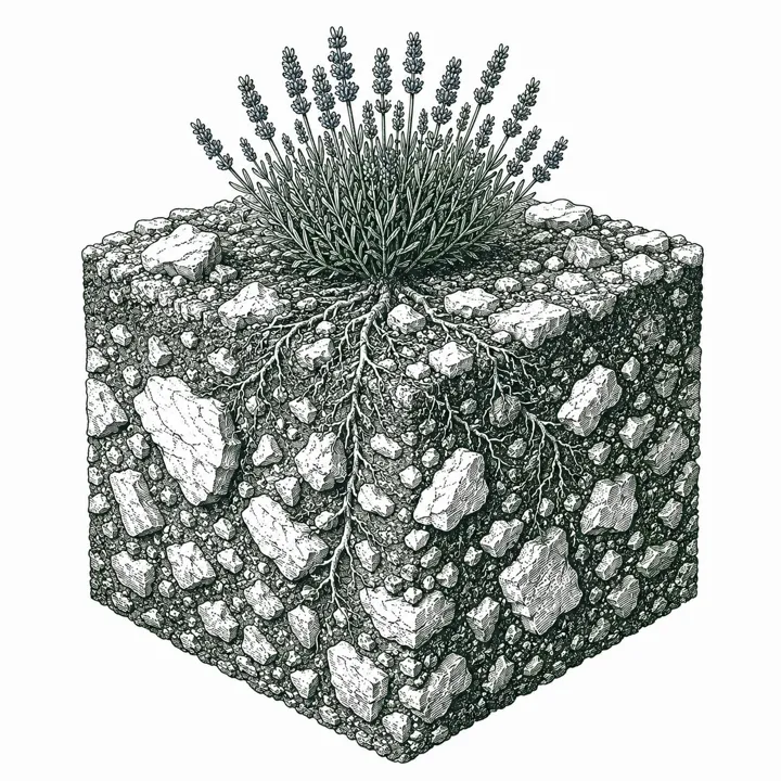 Chalky soil cross-section illustration: alkaline and stony, showing its grain structure, plants, and roots