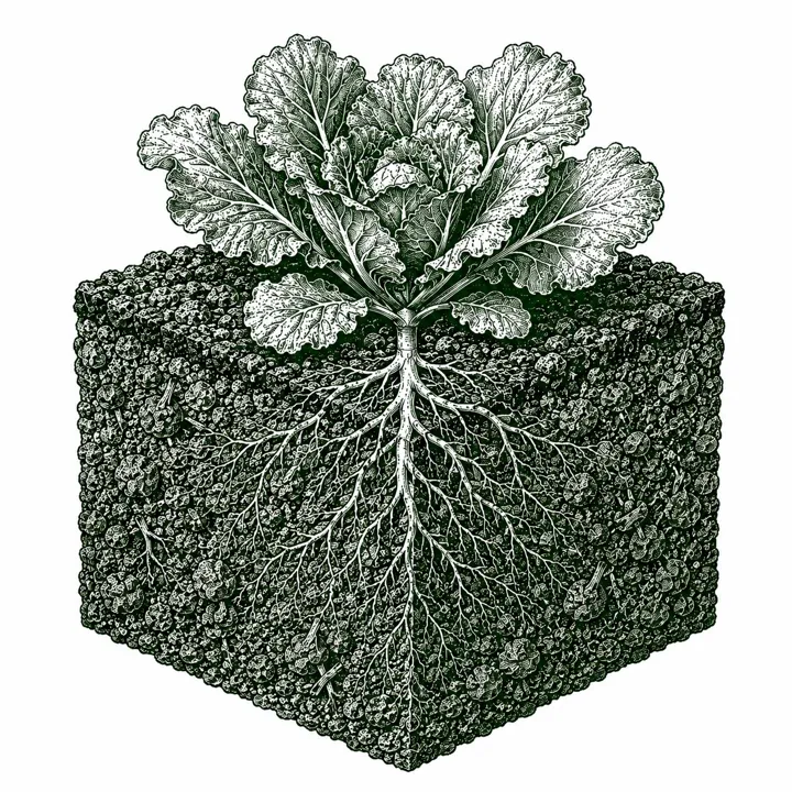 Clay loam soil cross-section illustration: holds moisture, still workable, showing its grain structure, plants, and roots