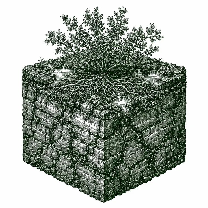 Clay soil cross-section illustration: heavy, holds water, showing its grain structure, plants, and roots