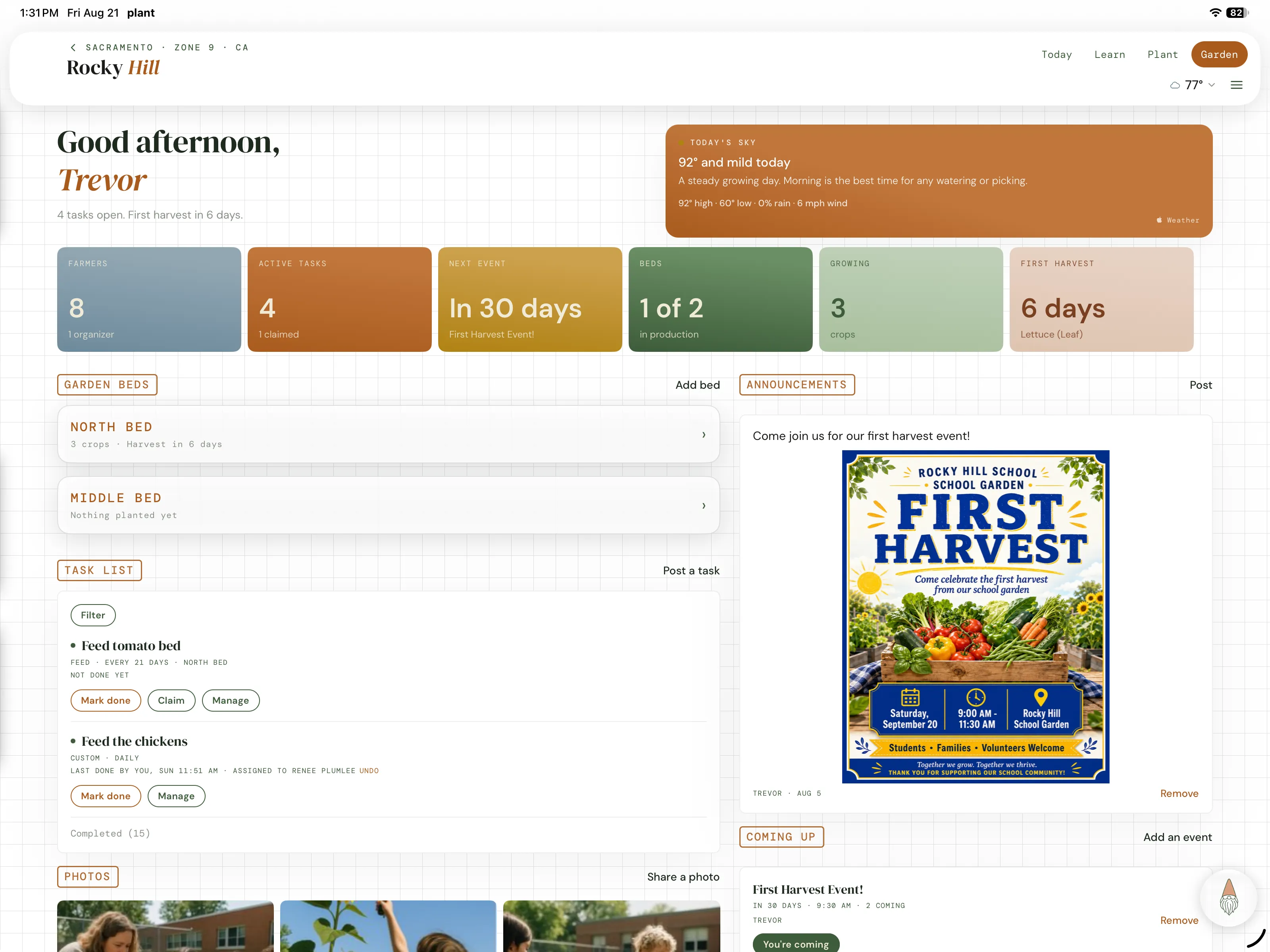 The plant Community Farm dashboard on an iPad: greeting, at-a-glance tiles for farmers, tasks, events and harvest, garden beds, a task list with claim buttons, announcements and upcoming events.