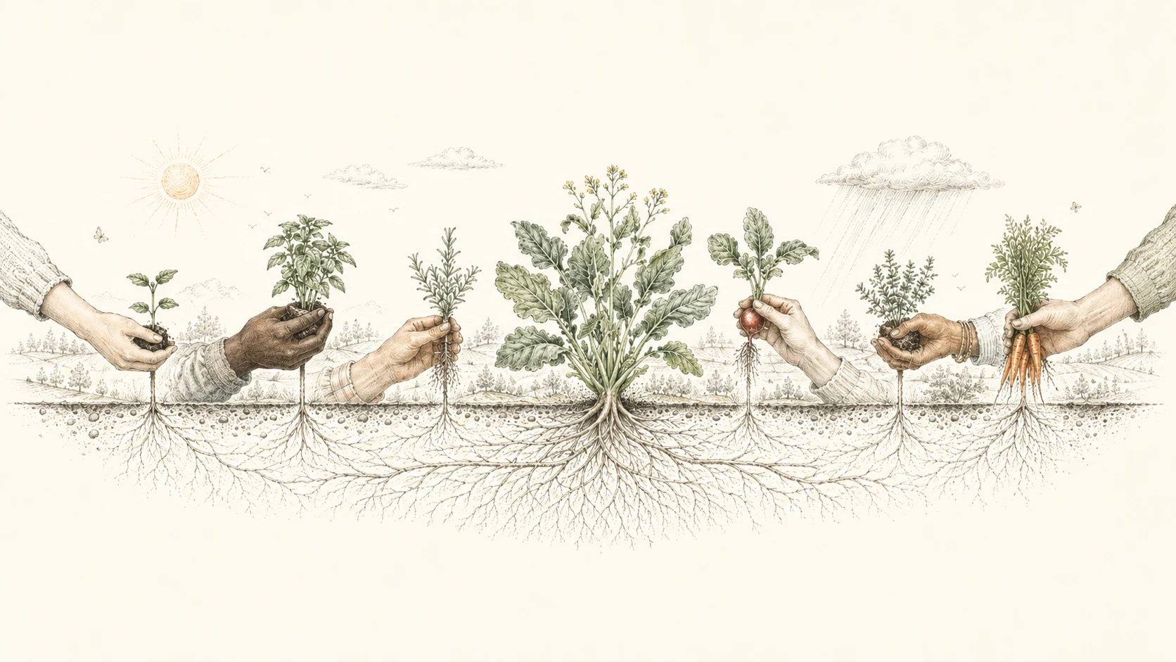 A delicate engraving-style illustration of many different hands presenting seedlings, herbs, a radish and a bunch of carrots around one tall flowering plant at the center, their roots all reaching into the same soil below, with the sun on one side and a rain cloud on the other.