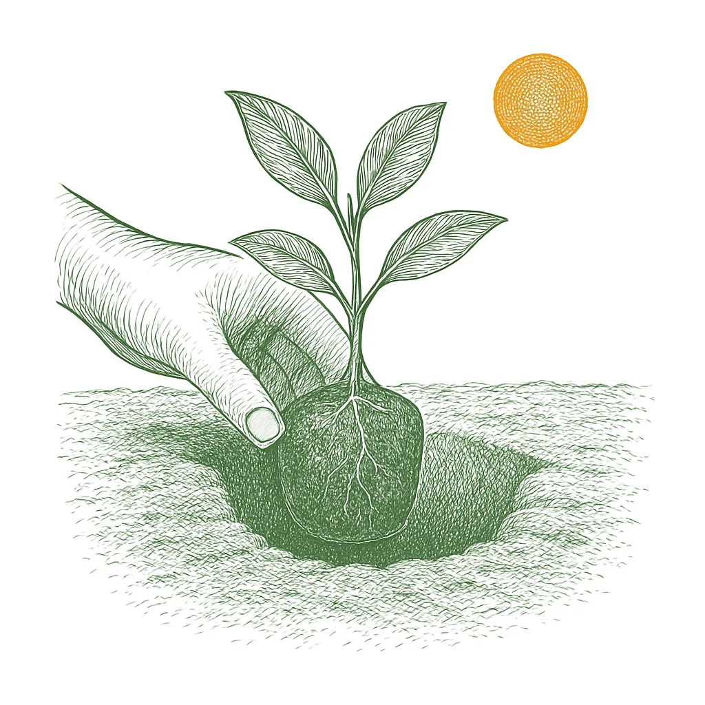 Botanical line drawing of a seedling being planted out into a garden bed