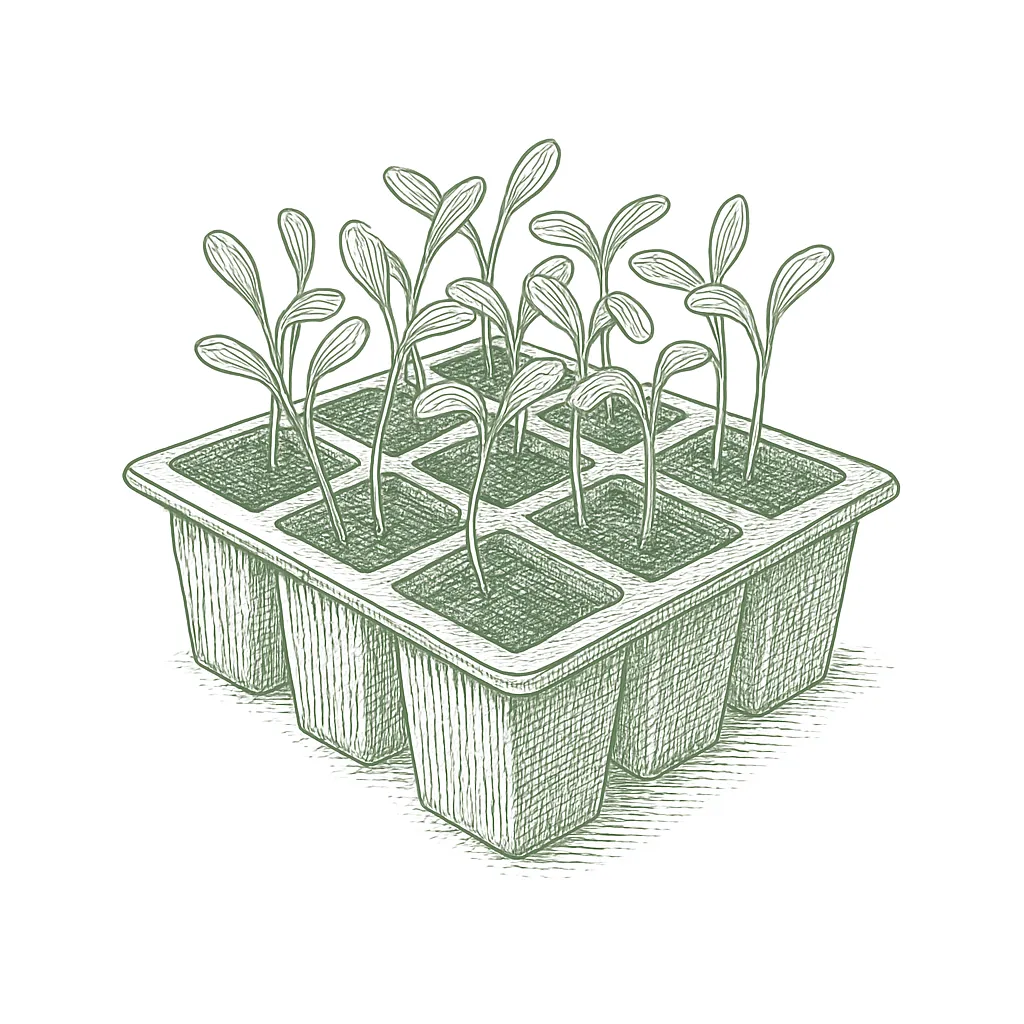 Botanical line drawing of a row of seedlings being thinned