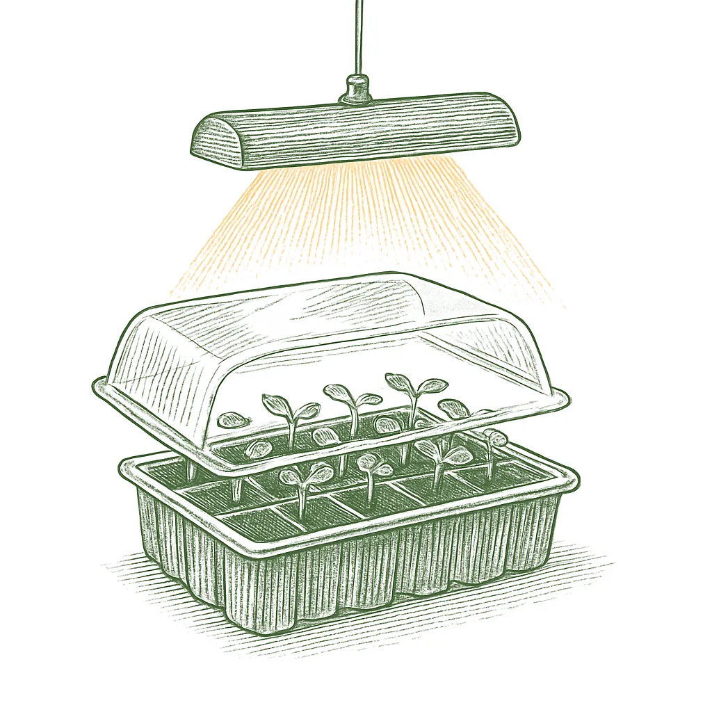 Botanical line drawing of a seed-starting tray of young seedlings under a grow light