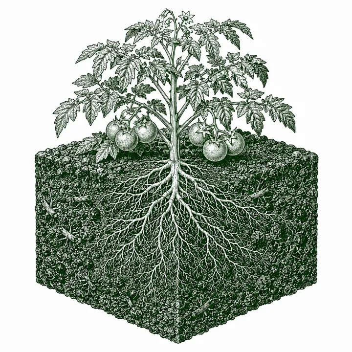 Loam soil cross-section illustration: the gold standard, showing its grain structure, plants, and roots