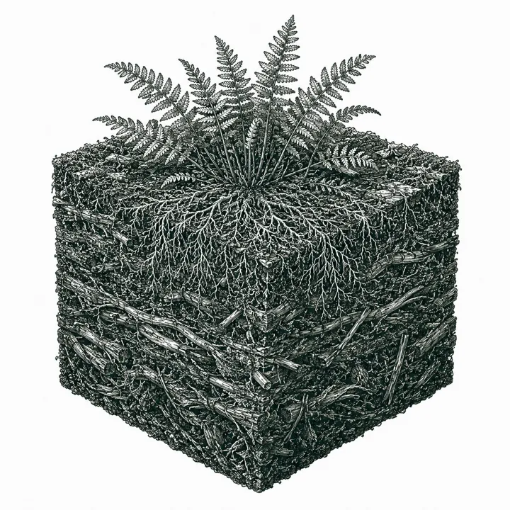 Peaty soil cross-section illustration: dark and moisture-rich, showing its grain structure, plants, and roots