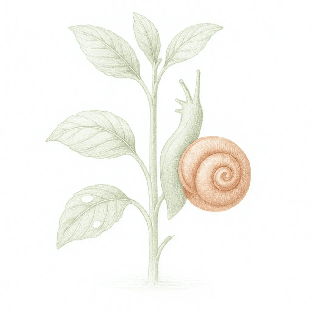 Botanical line drawing of a gardener inspecting a leaf for pests