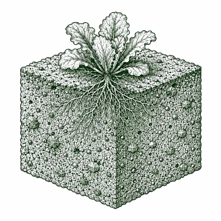 Sandy loam soil cross-section illustration: light, easy to work, showing its grain structure, plants, and roots