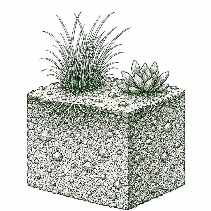 Sandy soil cross-section illustration: drains fast, dries out, showing its grain structure, plants, and roots