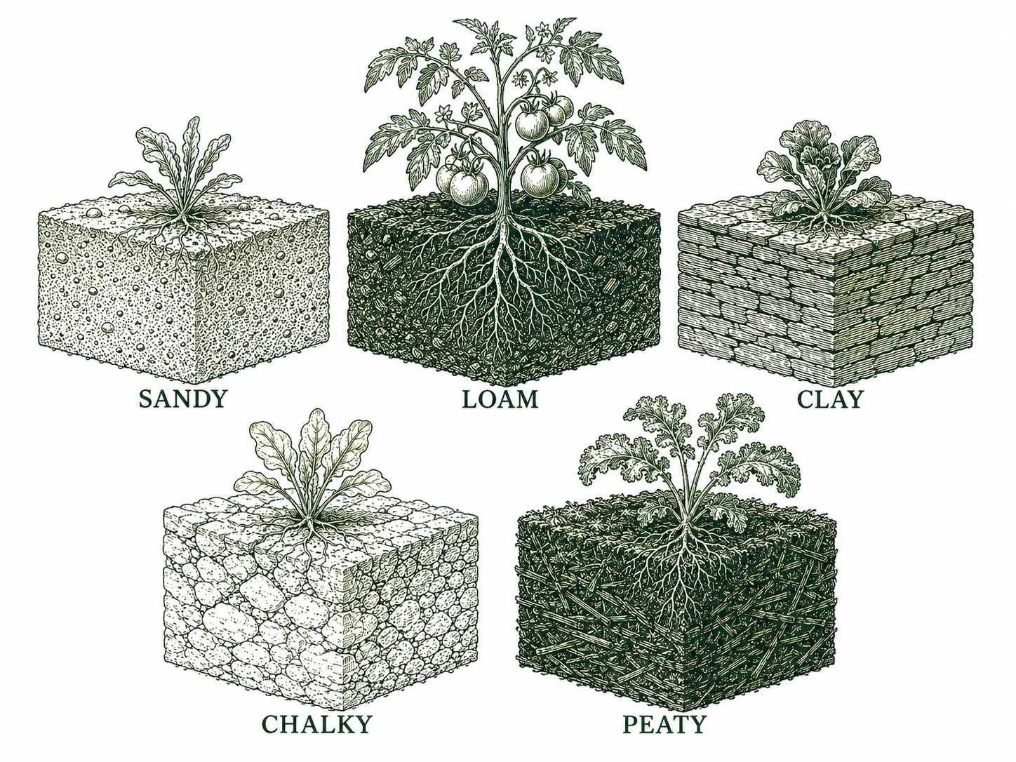 The soil types as cross-section cubes: sandy, loam, clay, chalky, and peaty, each with its plants and roots
