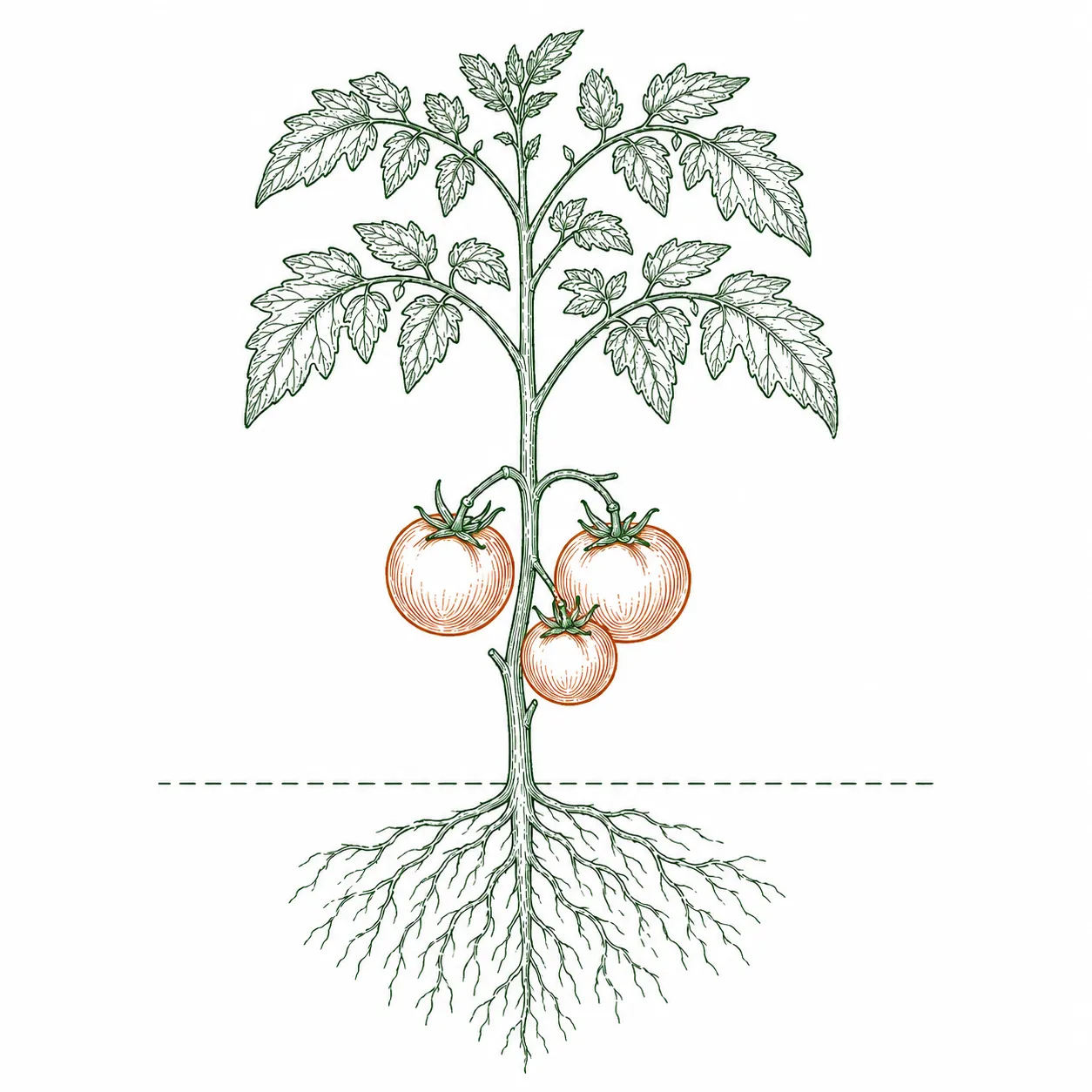 A tomato plant from leaves to roots, showing where each nutrient does its work