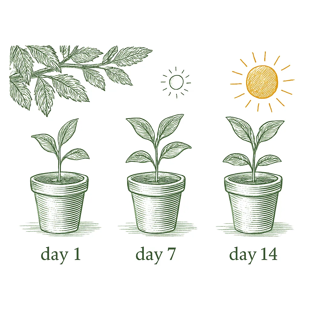 Diagram of a seedling moving from day 1 in partial shade to day 14 in full sun