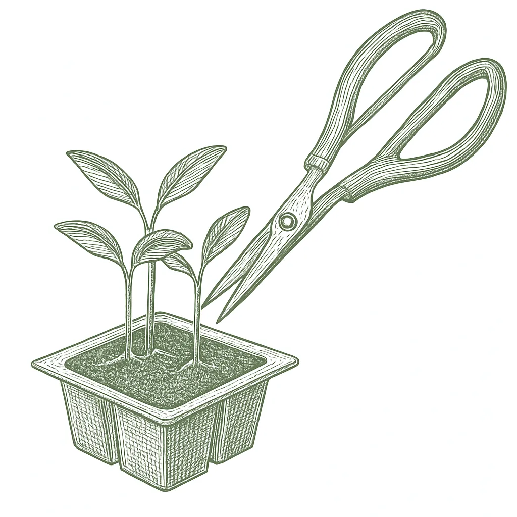Scissors snipping an extra seedling off at the soil line