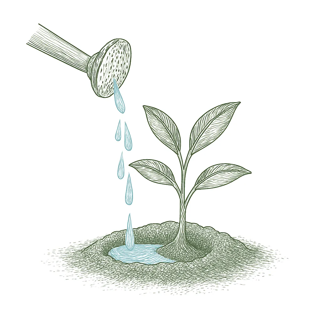 Hands firming soil around a freshly transplanted seedling