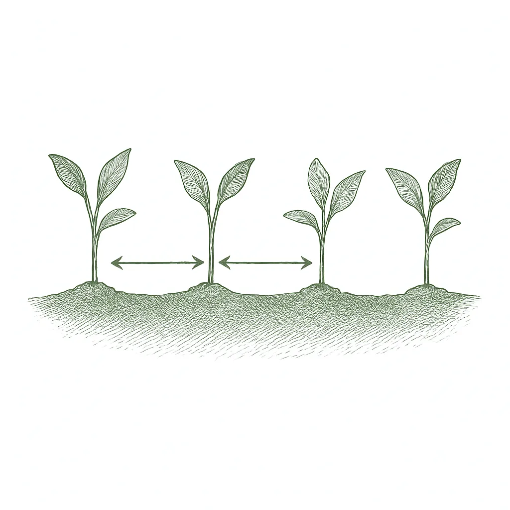 Diagram of a row of evenly spaced seedlings with the spacing marked