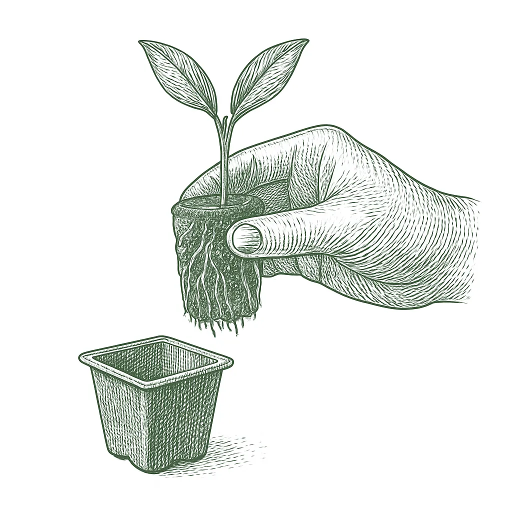 A seedling slid from its pot, roots holding the soil plug together