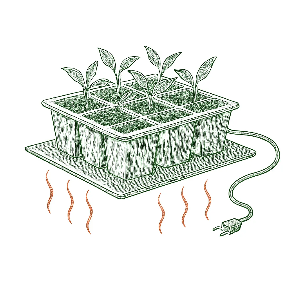 A seed tray sitting on a heat mat