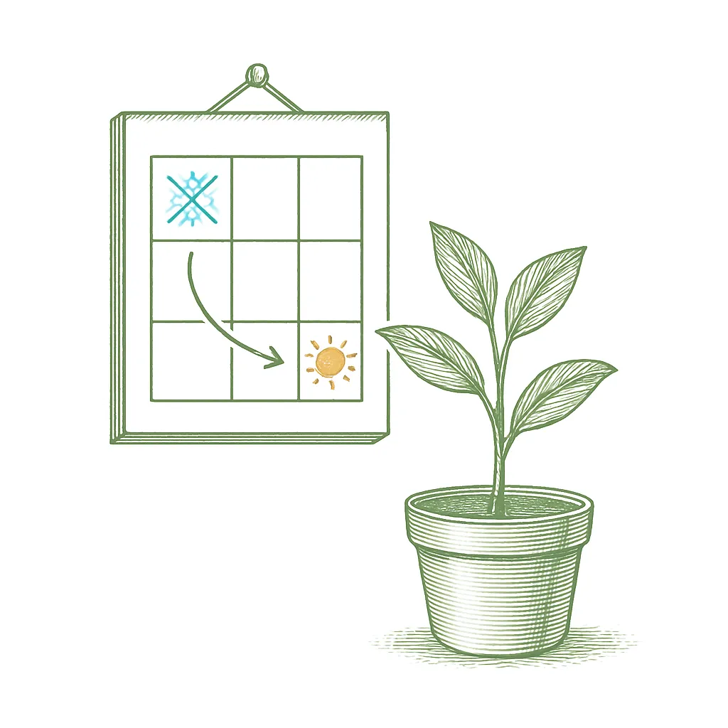 A calendar marking the last frost date, moving from a snowflake to a sun