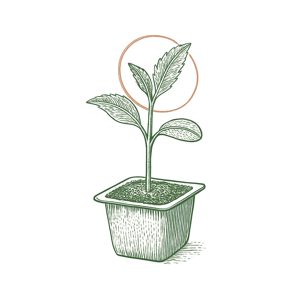 A seedling showing its first true leaves above the starter leaves