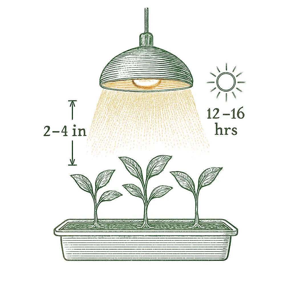 Diagram of a grow light held 2 to 4 inches above seedlings, raised as they grow
