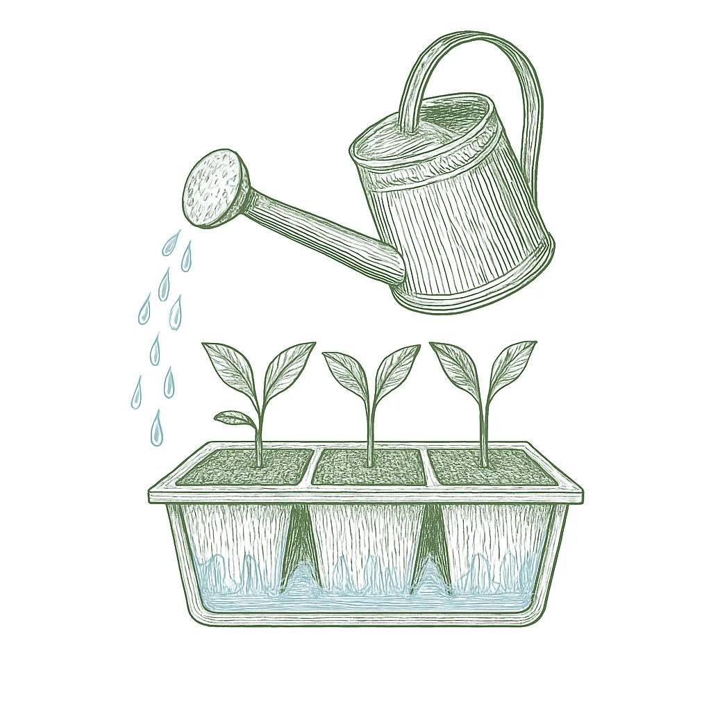 Water being poured into the tray beneath the seedling cells
