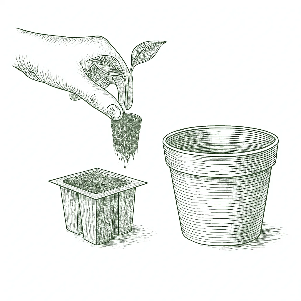 A seedling held by a leaf being moved into a larger pot