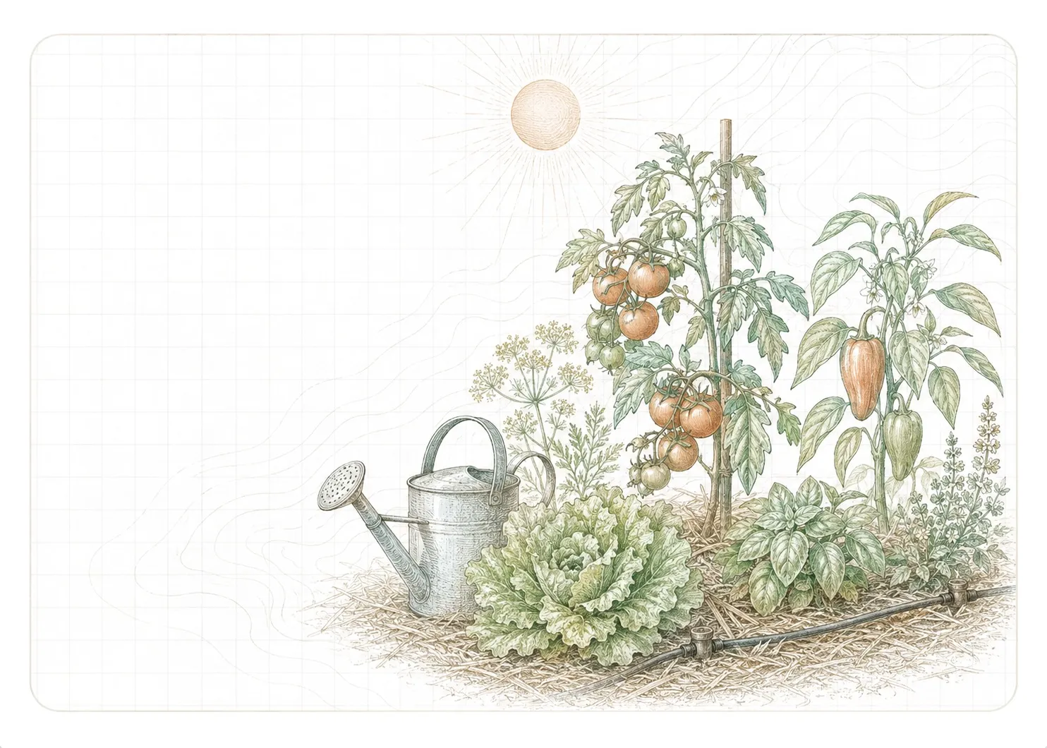 Illustration of staked tomato and pepper plants, lettuce, basil and dill growing in straw-mulched soil beside a watering can and a drip line, under a summer sun.