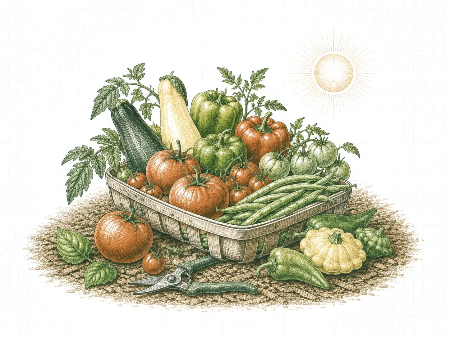 A harvest basket filled with tomatoes, peppers, summer squash and green beans, with pruners resting alongside.