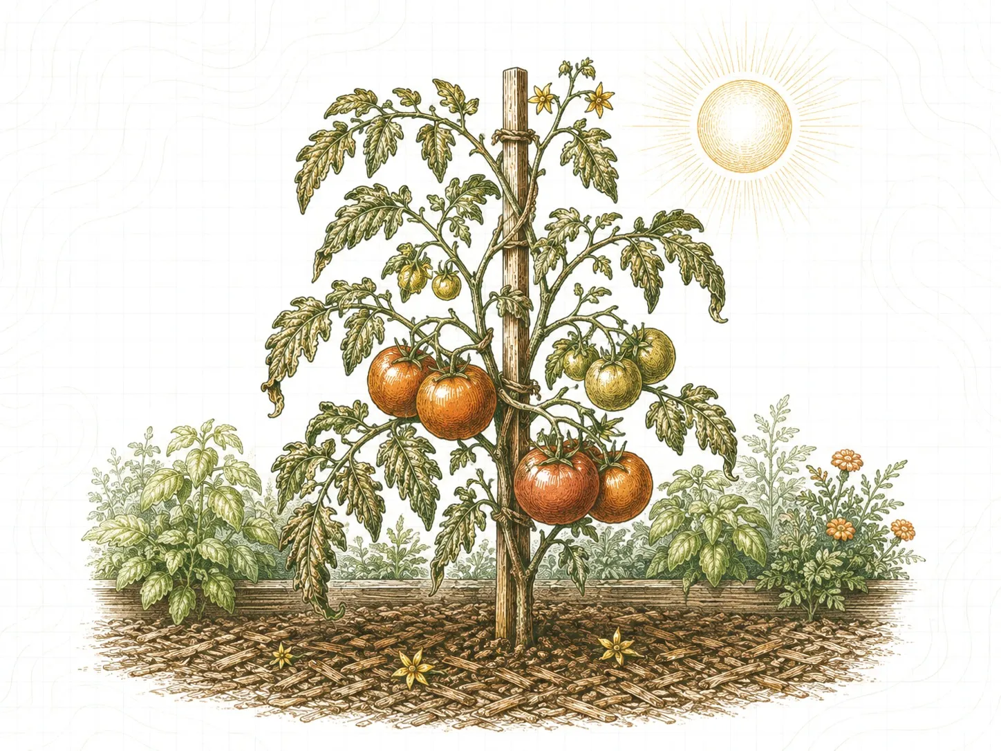 A staked tomato plant carrying ripe and unripe fruit above a bed of coarse mulch.
