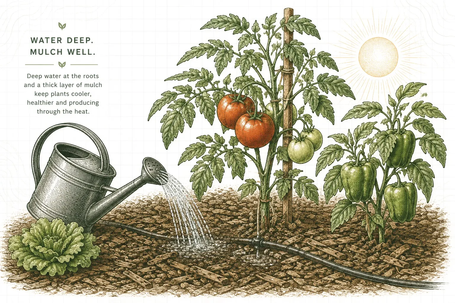 Watering can and drip line delivering water at the base of mulched tomato and pepper plants.